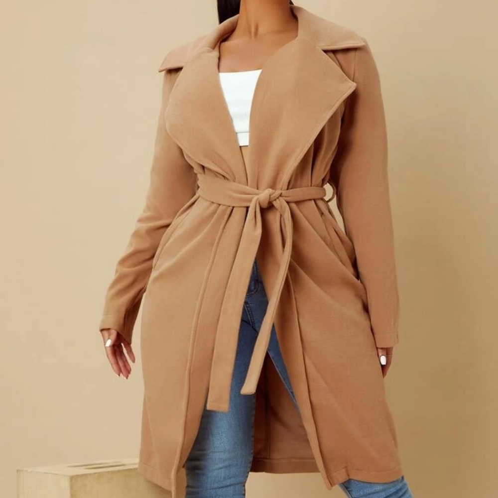 Belted overcoat pea trench coat camel tan